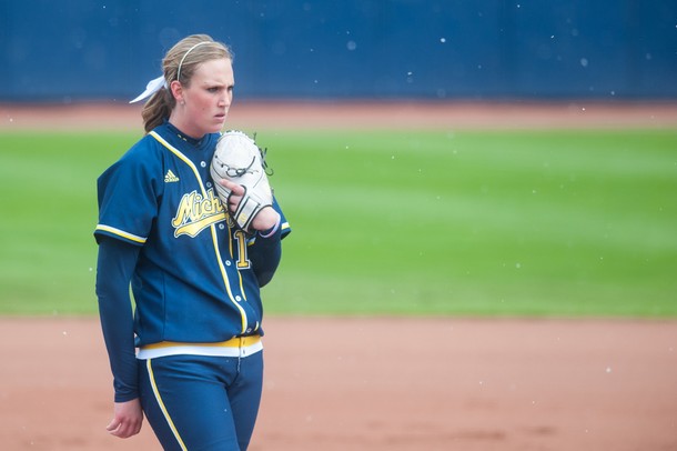 Michigan pitcher sophomore Sara Driesenga waits to throw the ball during the first inning of their game against Iowa at Alumni field Saturday, April 20.
Courtney Sacco I AnnArbor.com